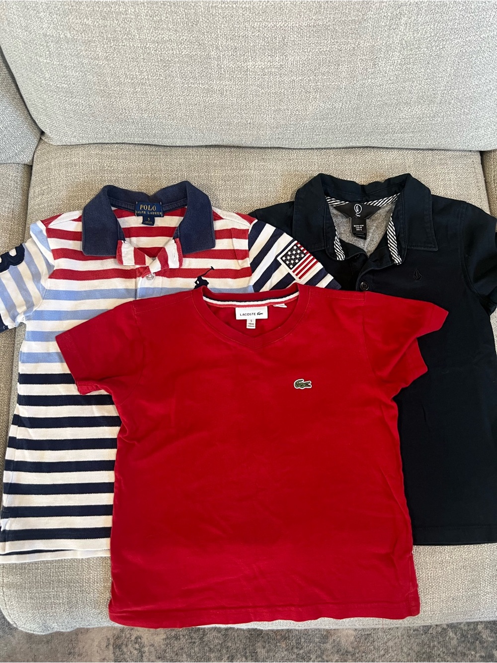 Bundle of three polo shirts , Lacoste , Volcom and Polo Ralph Lauren size 6